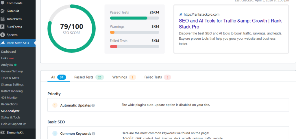 rank math seo tutorial 2026 seo analyzer tool site audit results